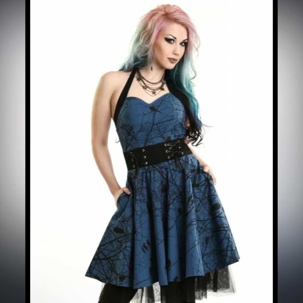 Vixxsin blue tree and raven print dress size small